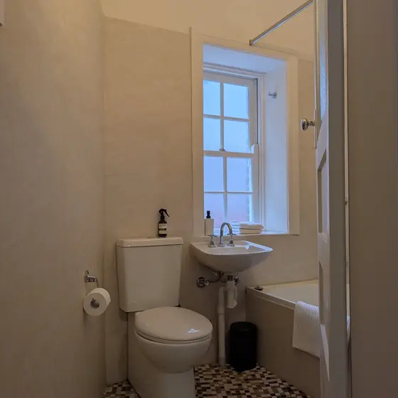 Bathroom with mosaic floor and basin at Laneway Studio, Surry Hills